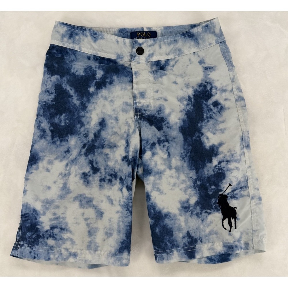 Polo Ralph Lauren Boys Swim Shorts M 10-12 Blue Tie Dye Pony Swimwear